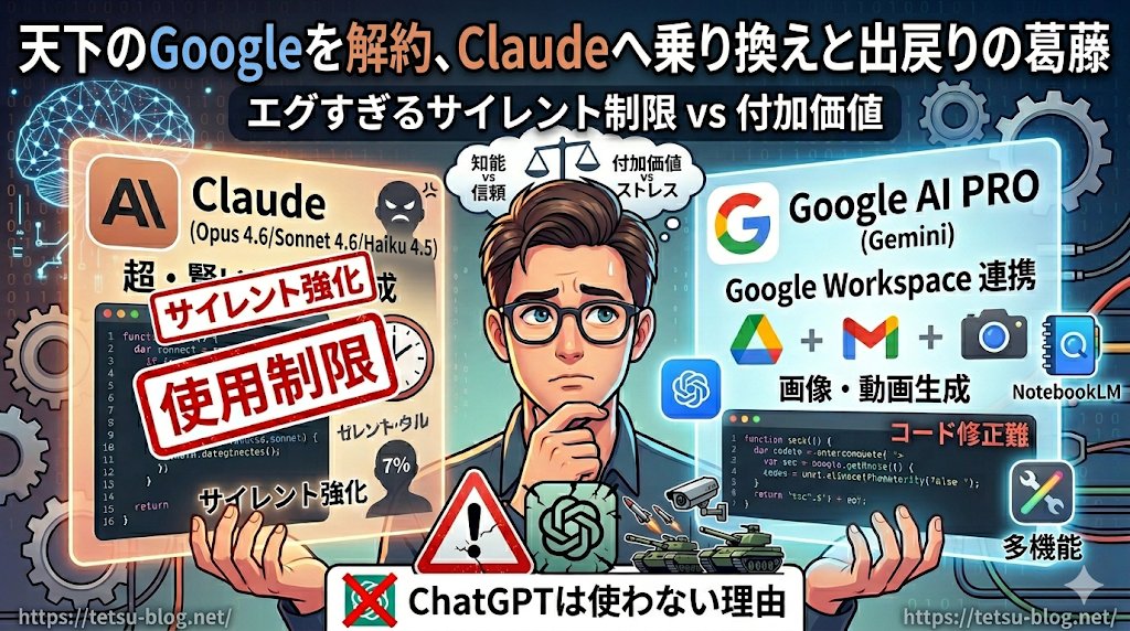 【実録】Claudeのサイレント制限強化に絶望。私がGoogle AI PROへの出戻りを検討する3つの理由