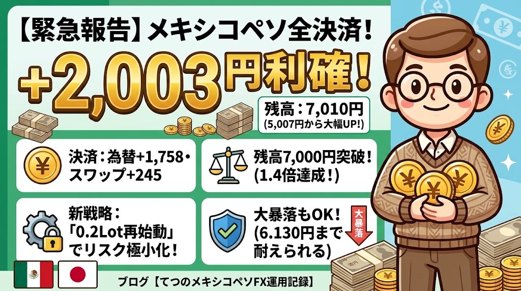 【緊急報告】メキシコペソ全決済で+2,003円利確！残高7,000円突破＆急落耐性を高めた「0.2lot再始動」新戦略