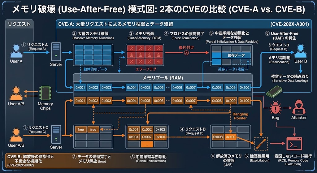 メモリ破壊（Use-After-Free）の模式図。CVE-Aが大量リクエストによるメモリ枯渇とデータ残留、CVE-Bが解放後の誤参照と不完全な初期化を表している