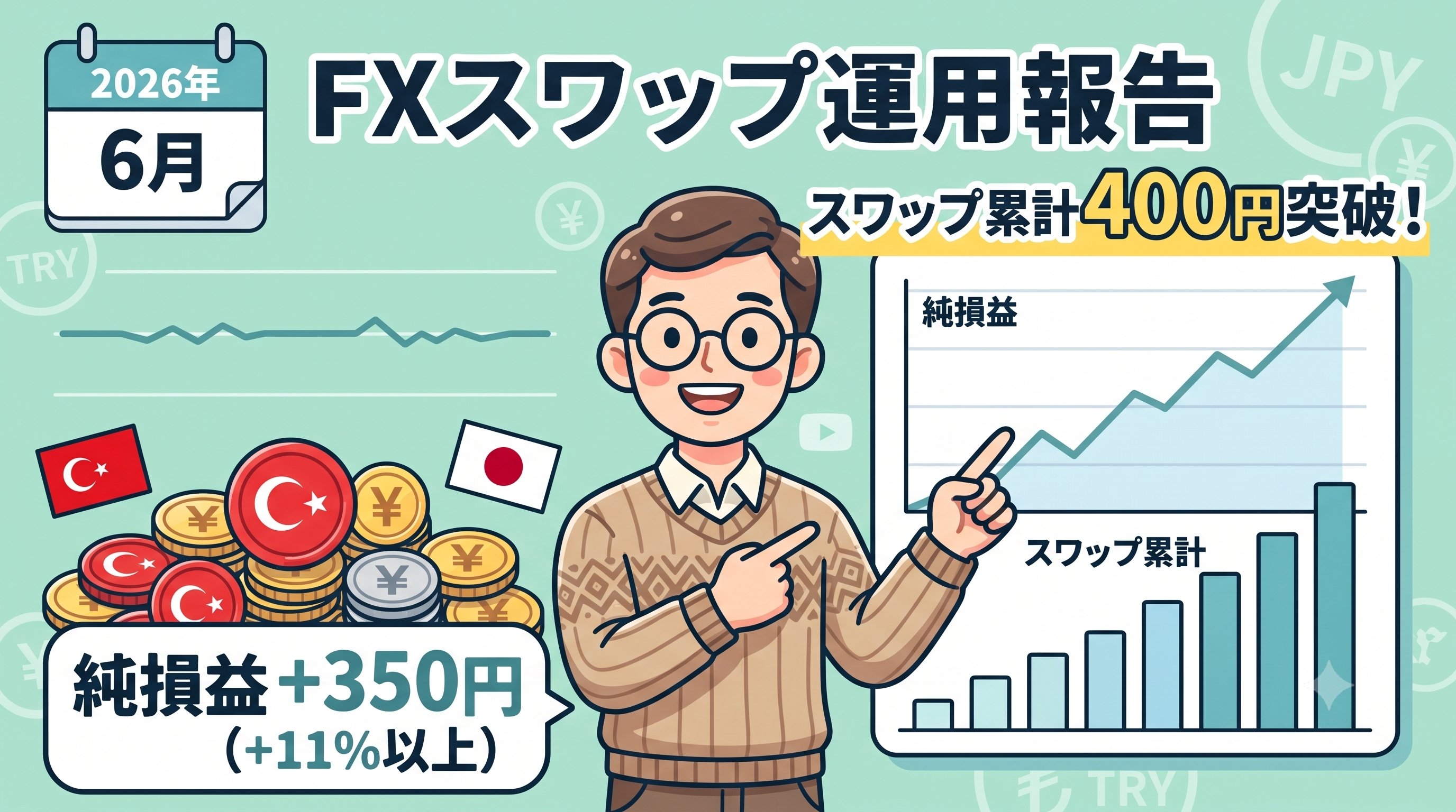 【FXスワップ運用報告】2026年6月：スワップ累計400円突破！安定の横ばい相場で純損益もさらに拡大！